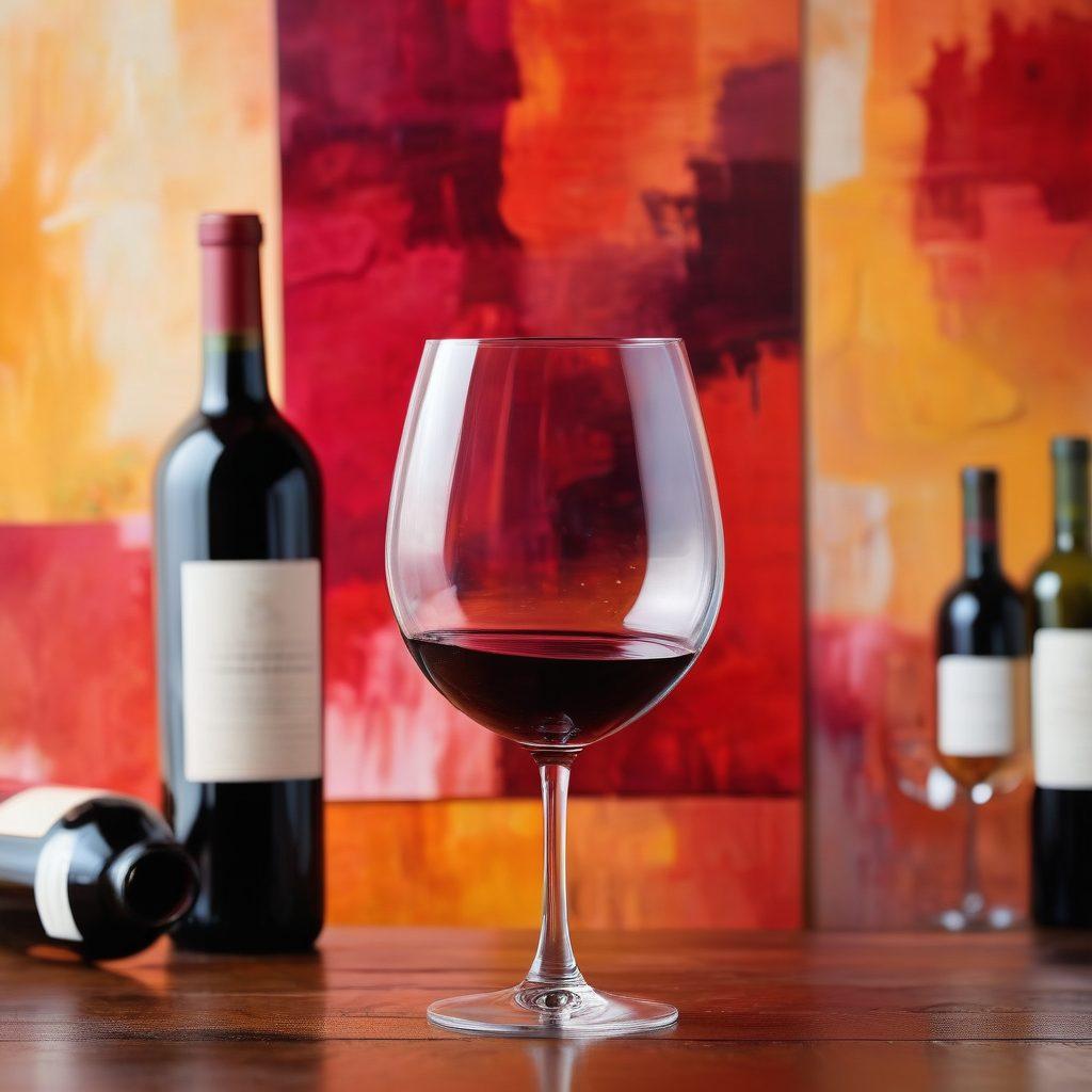 A elegant wine glass filled with rich red wine, set against a backdrop of colorful and abstract paintings depicting vineyards and artistic wine bottles. Brush strokes and wine splashes create a harmonious blend of art and nature, symbolizing the connection between vino and visual culture. Soft ambient lighting enhances the warm colors, inviting viewers to savor the experience. painterly style. vibrant colors. soft focus.
