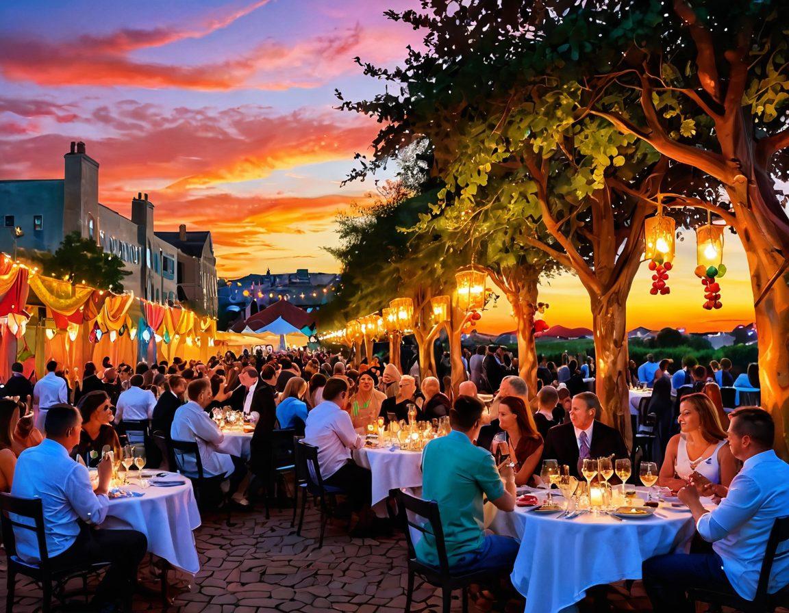A vibrant outdoor scene featuring elegantly dressed people enjoying wine glasses amidst colorful art installations and bright festival decorations. A sunset casts a warm glow over the gathering, with canvas paintings and sculptures surrounding them. In the foreground, a flowing grapevine weaves through the scene, symbolizing the celebration of art and wine. super-realistic. vibrant colors. warm atmosphere.