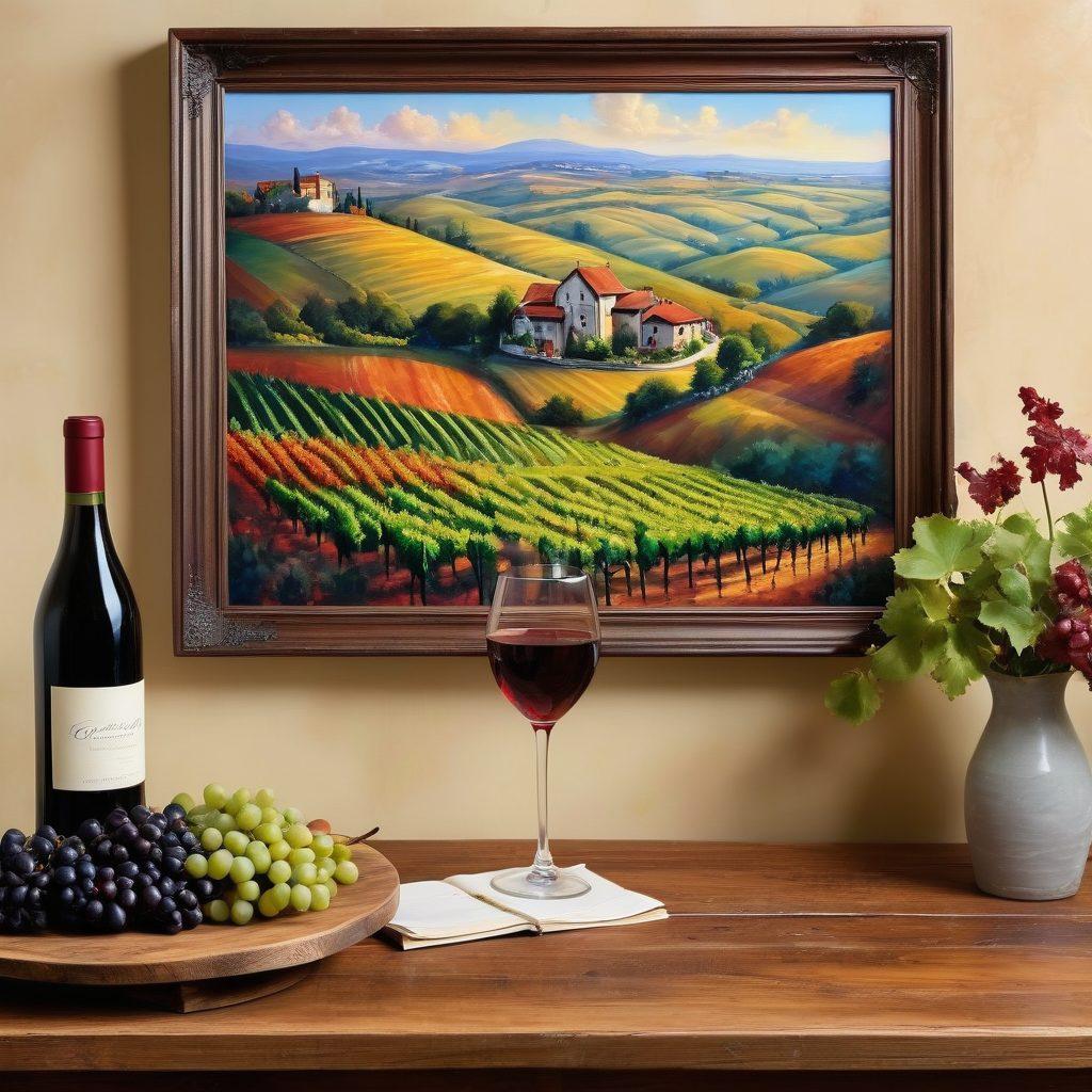A captivating vineyard scene merging with an art gallery, showcasing grapes cascading into paint splashes that transform into vibrant artworks. Include a rustic wooden table with wine glasses and palettes strewn with colorful paint. The background features rolling hills of grapes and elegant framed paintings hanging on gallery walls, symbolizing the connection between wine and art. super-realistic. vibrant colors. warm tones.